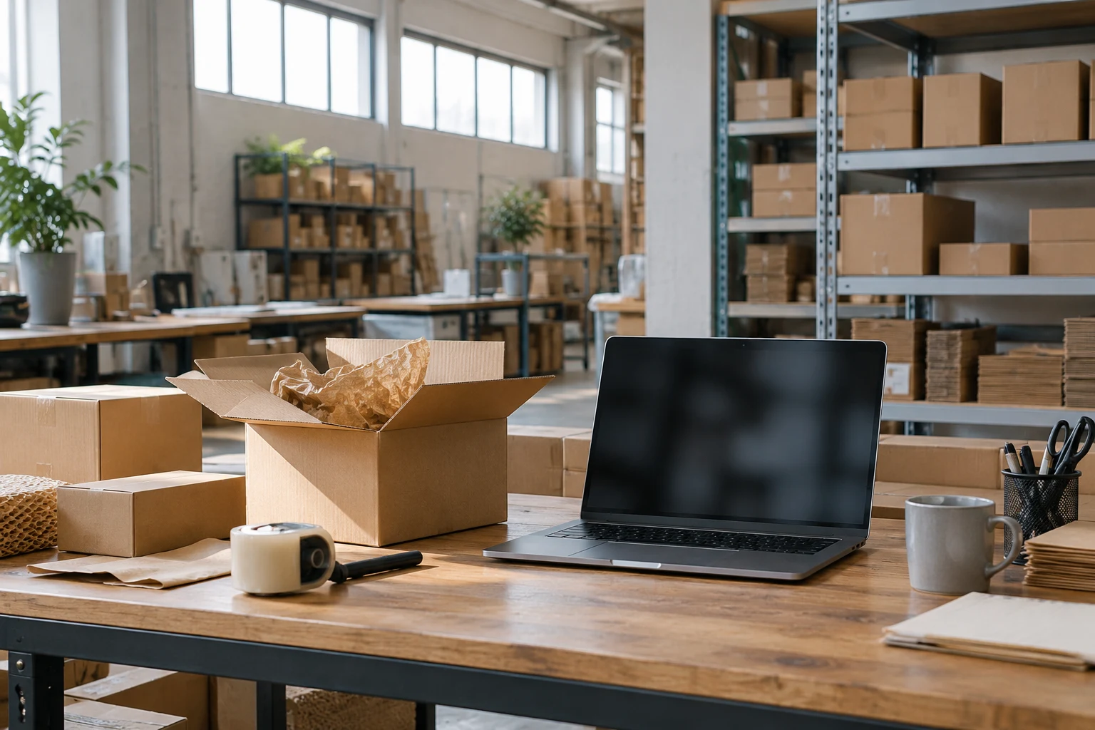 Kutu ve paketlerle düzenlenmiş dijital ticaret çalışma alanı.